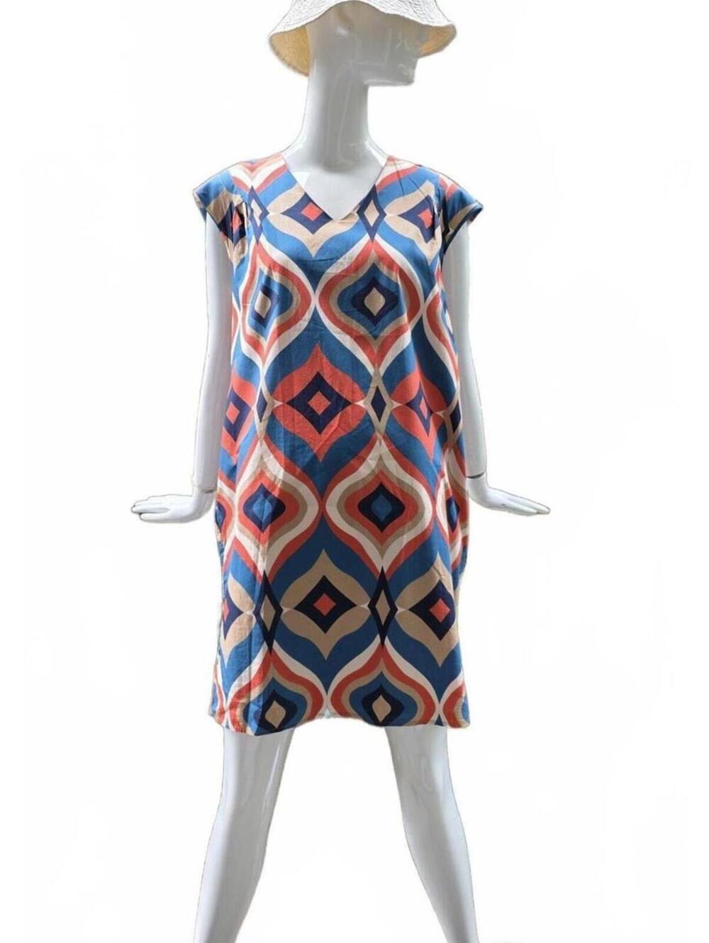 VLT’s By Valentina’s Blue Coral Geometric Print Shift Dress Cap Sleeve Cotton Lg